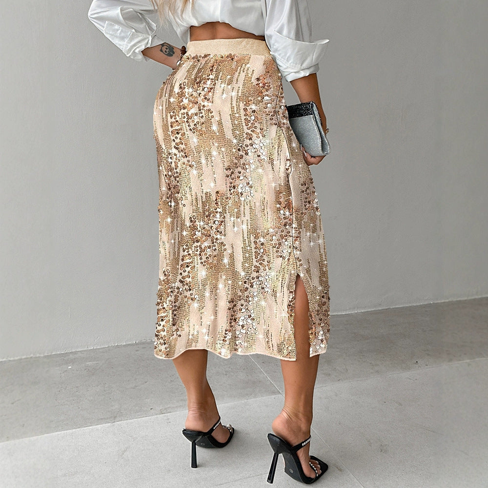 Women's Versatile Solid Color Fashionable Sequin Skirt