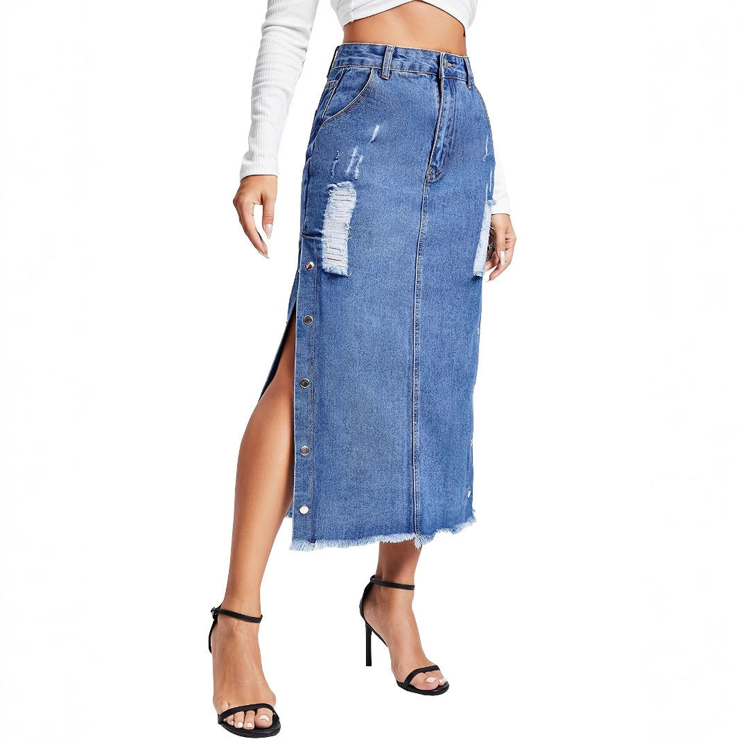 European And American Style Women Split Irregular Ripped Denim Skirt