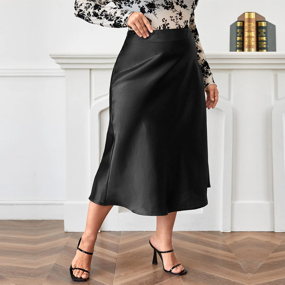 High Waist Zipper Large Hem Satin Satin Temperament Skirt