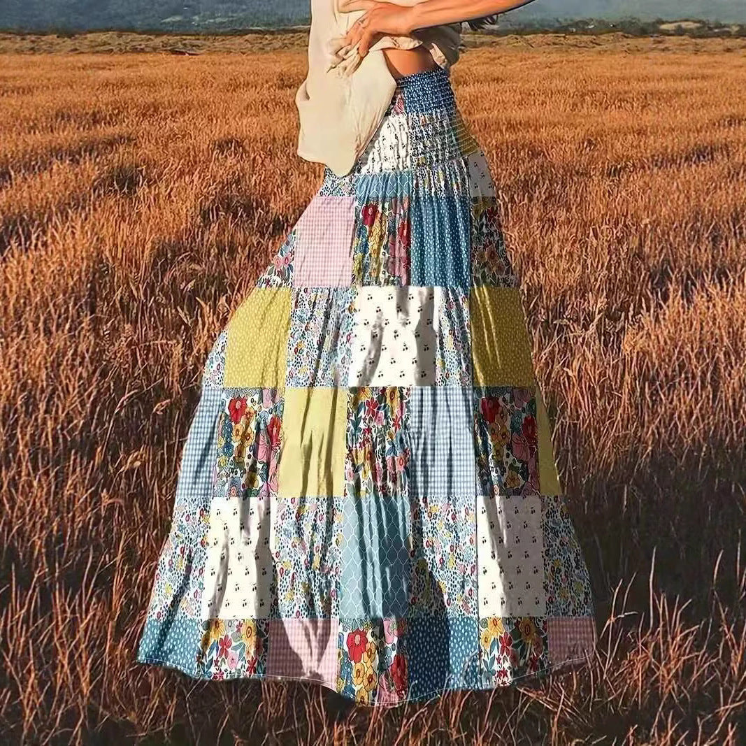 Printed Stitching Women's Popular Floral Skirt Long Skirt