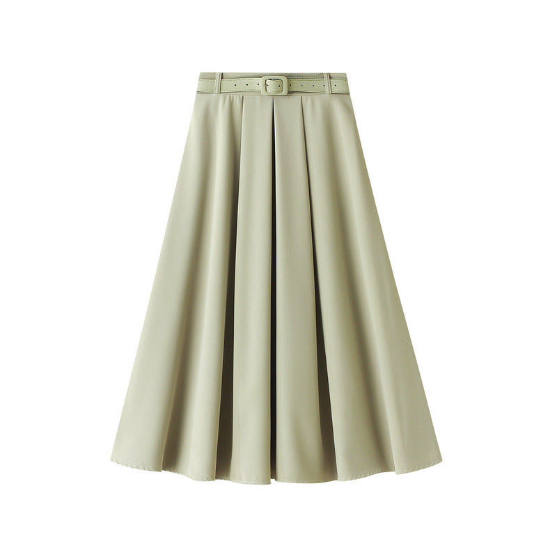 Retro High Waist A- Line Skirt Slimming Skirt Belt Attached