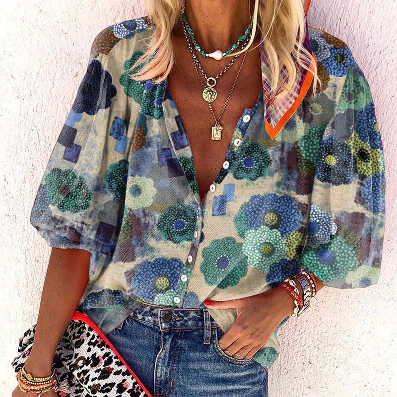 Women's V-neck Long Sleeve Stand Collar Printed Sweet Blouse