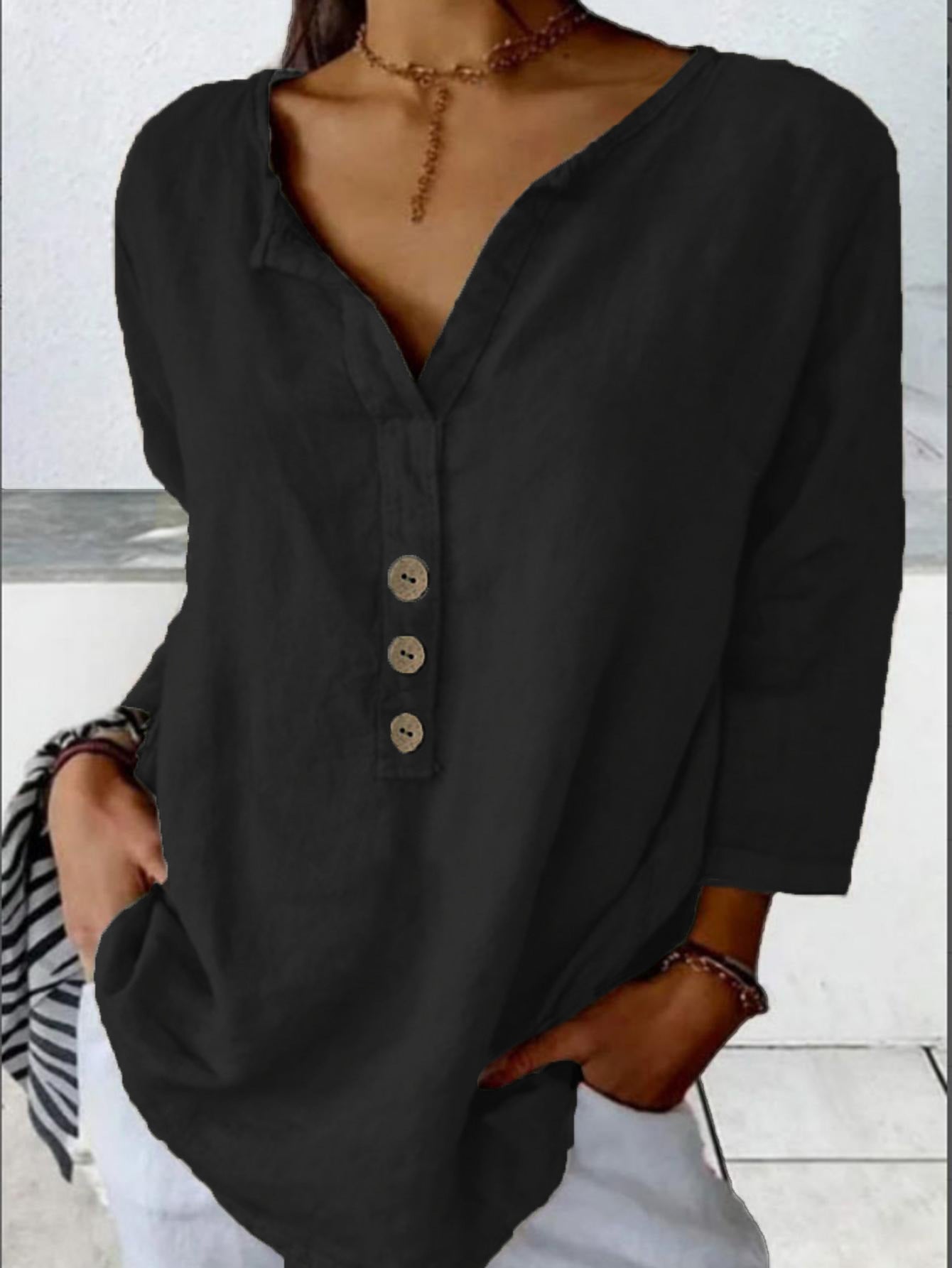 Solid Color Notched Collar Shirt Casual Button-down Shirt