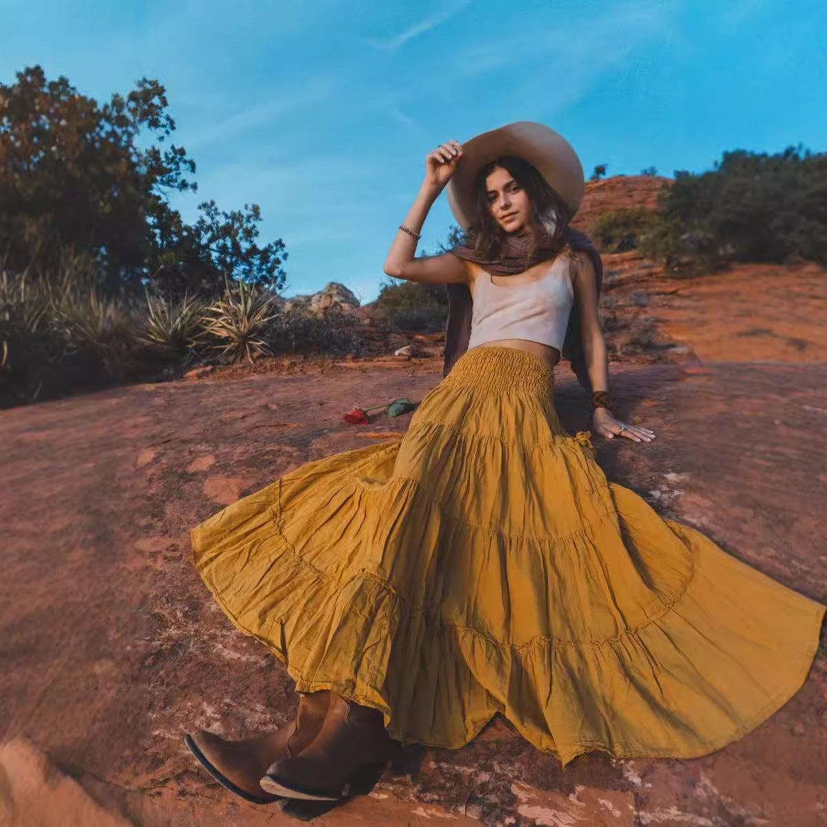 Casual Women Bohemian Loose Solid Skirt