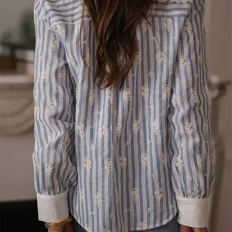 Women's French-style Elegant Blue And White Striped Long-sleeved Shirt