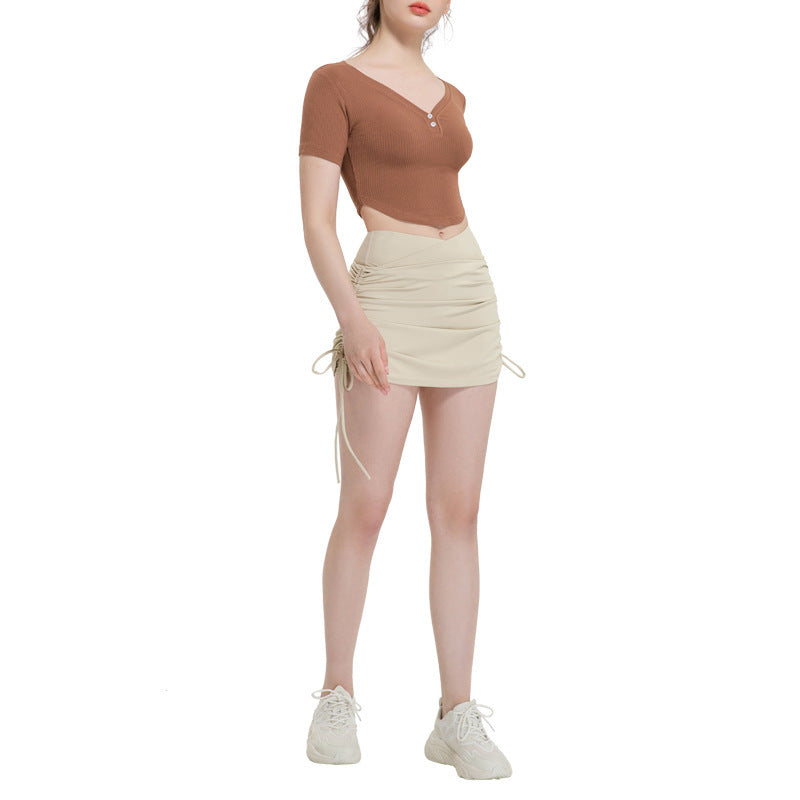 Drawstring High Top Sports Short Skirt Women's Running Anti-exposure Yoga Shorts