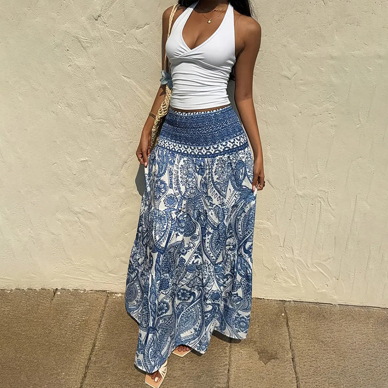Women's Boho Floral Print Maxi Skirt - Elastic Waist A-Line Long Skirt For Spring&Summer Casual Beach Skirt