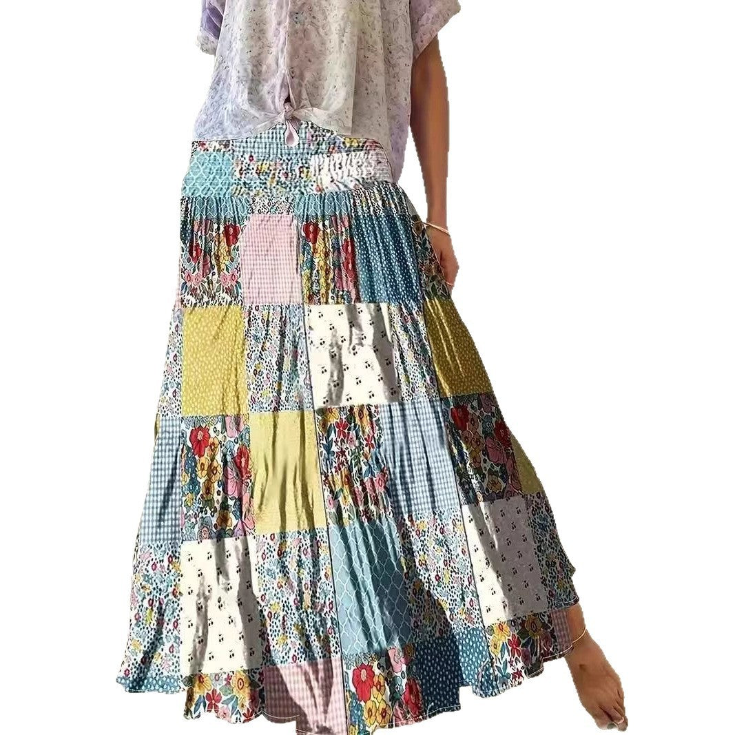 Printed Stitching Women's Popular Floral Skirt Long Skirt