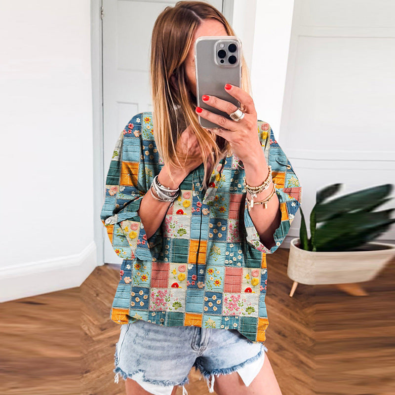 Women's European And American Printed Loose Chiffon Shirt