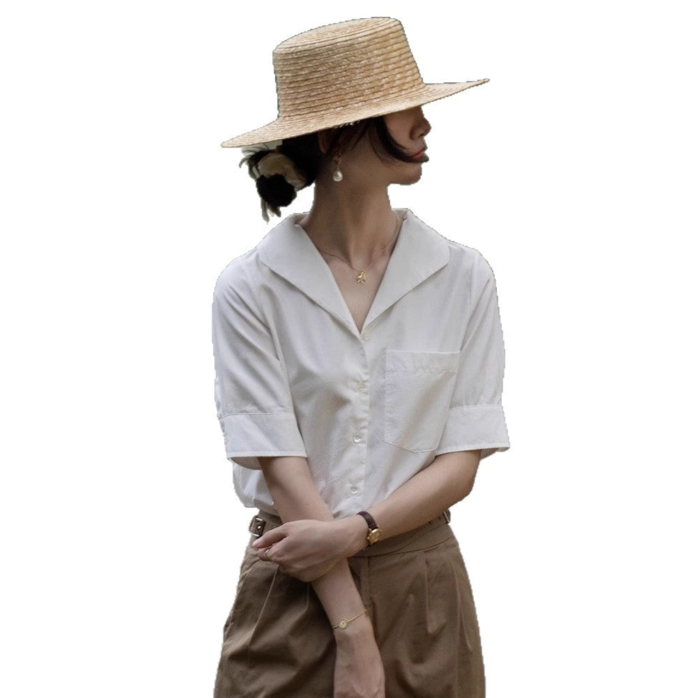 French Chic Design Niche Top Short Sleeve V-neck White Shirt