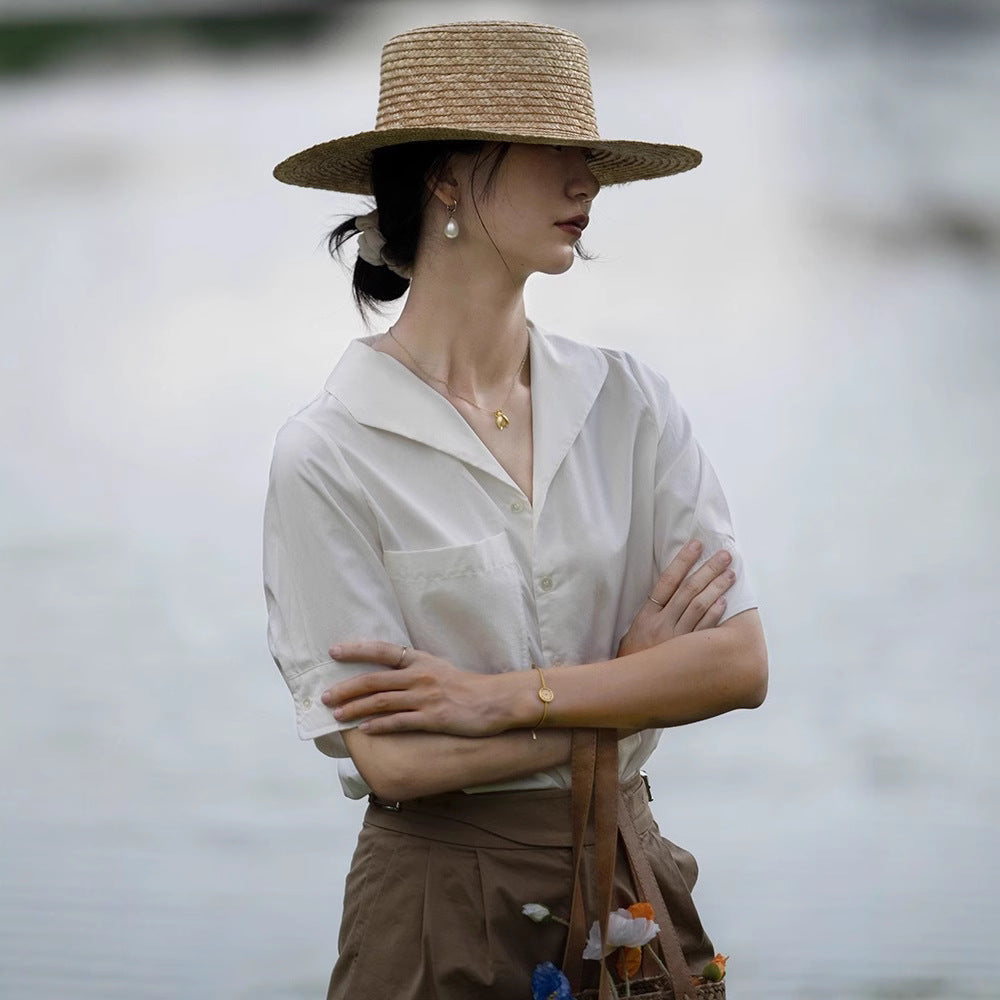 French Chic Design Niche Top Short Sleeve V-neck White Shirt