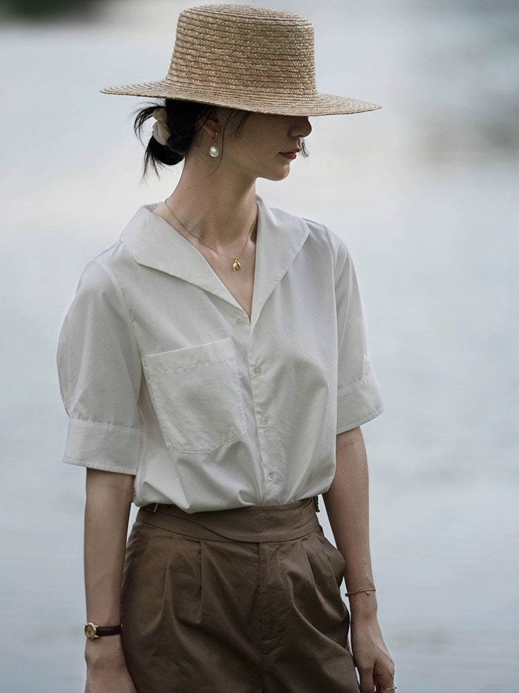 French Chic Design Niche Top Short Sleeve V-neck White Shirt