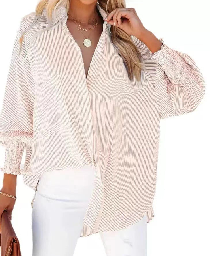 Striped Long Sleeve Loose Casual Blouse Beach Sun Protection Shirt