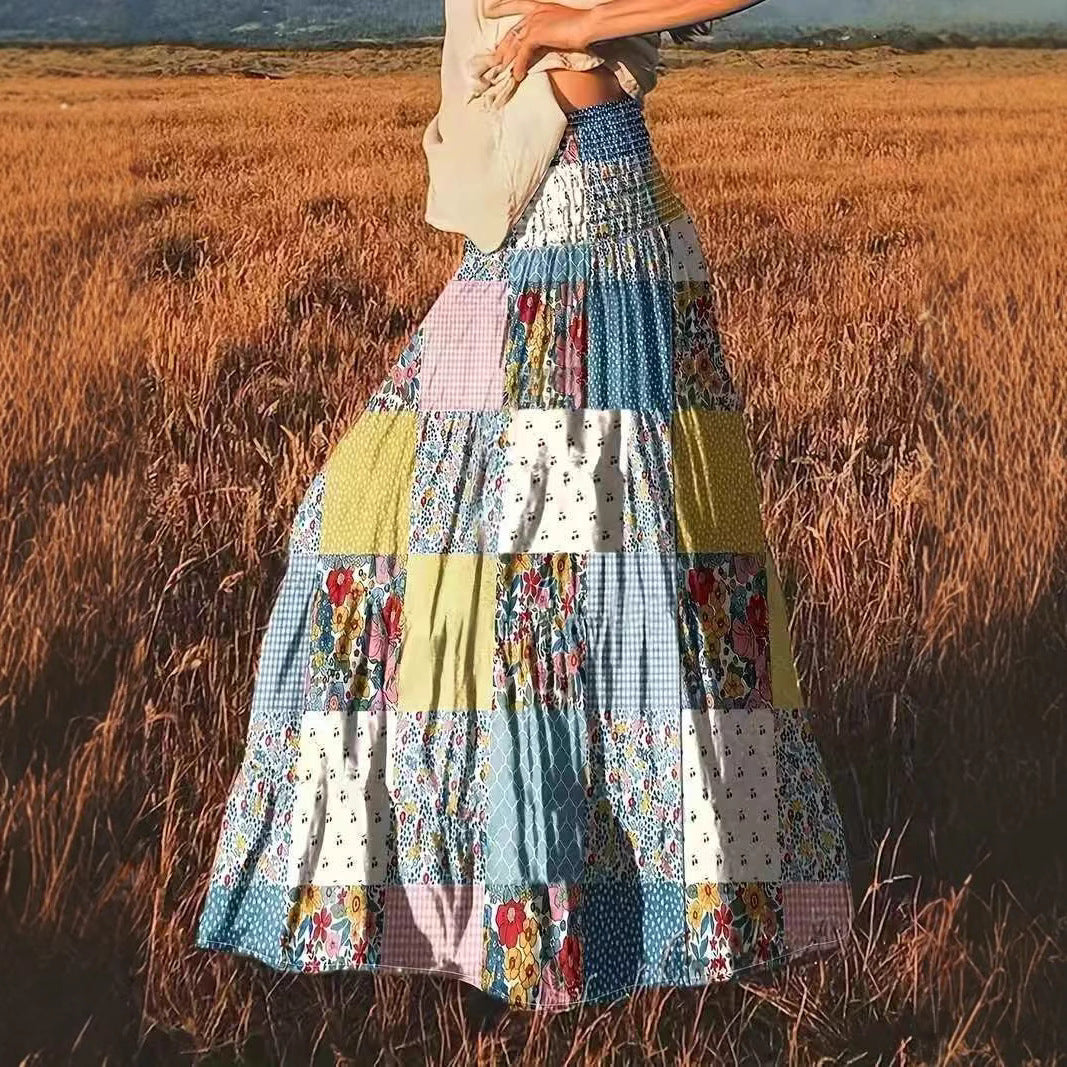 Printed Stitching Women's Popular Floral Skirt Long Skirt