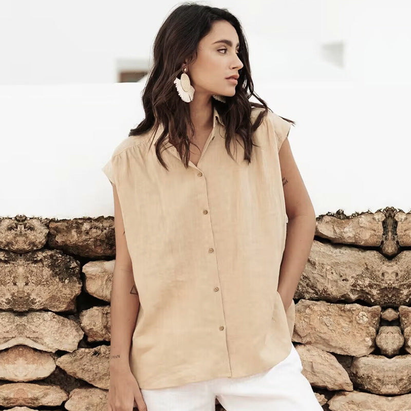 Cotton And Linen Simplicity Casual Sleeveless Solid Color Shirt