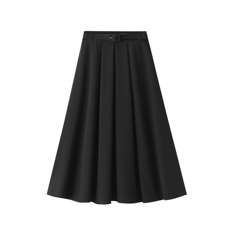 Retro High Waist A- Line Skirt Slimming Skirt Belt Attached