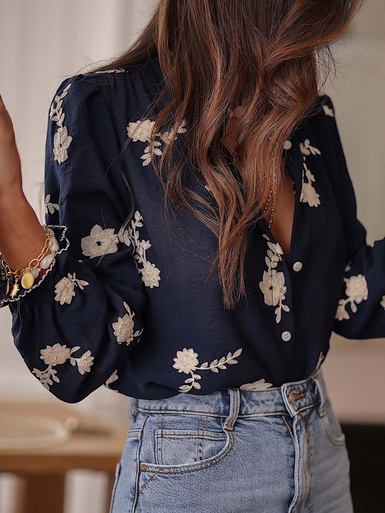 Long Sleeve Printed Top Lapel Lantern Sleeve Shirt