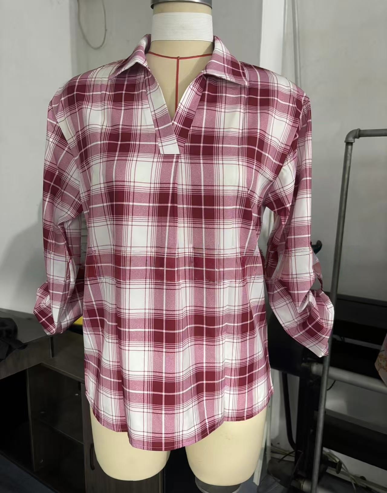 Women's Long Sleeve V-Neck Plaid Shirt - Loose Fit Polyester Blouse With Button-Down Collar For Casual & Office Wear
