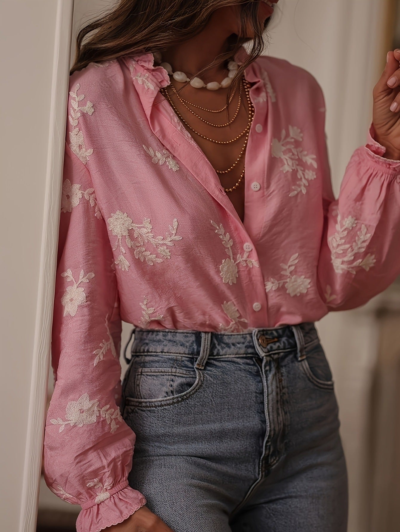 Long Sleeve Printed Top Lapel Lantern Sleeve Shirt
