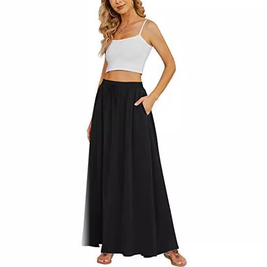 Large Swing Tight Waist Lace Printing Double Pocket Women's High Waist Skirt