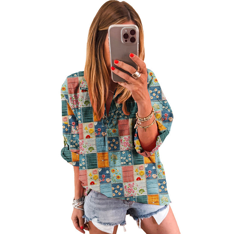 Women's European And American Printed Loose Chiffon Shirt