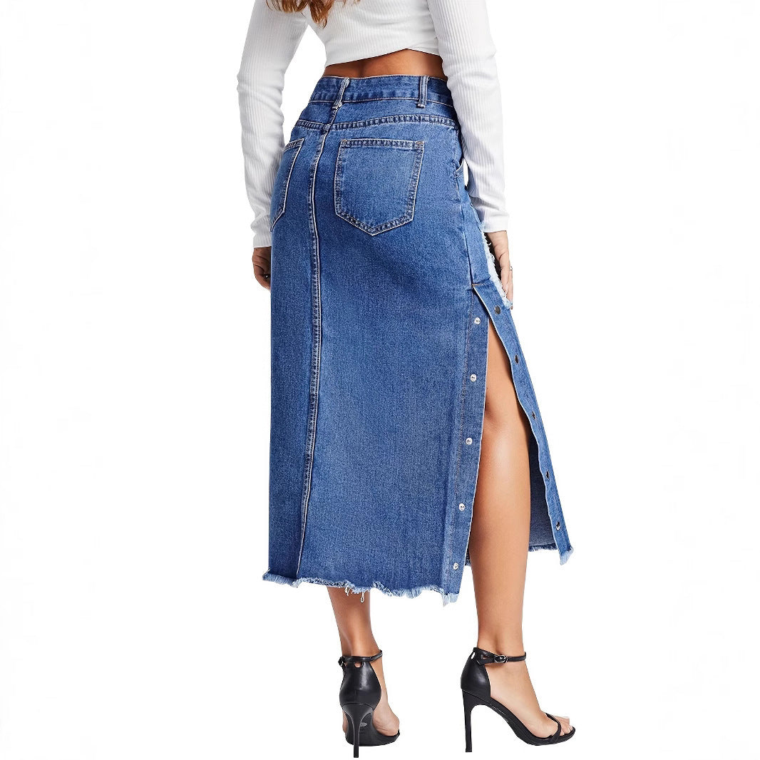 European And American Style Women Split Irregular Ripped Denim Skirt