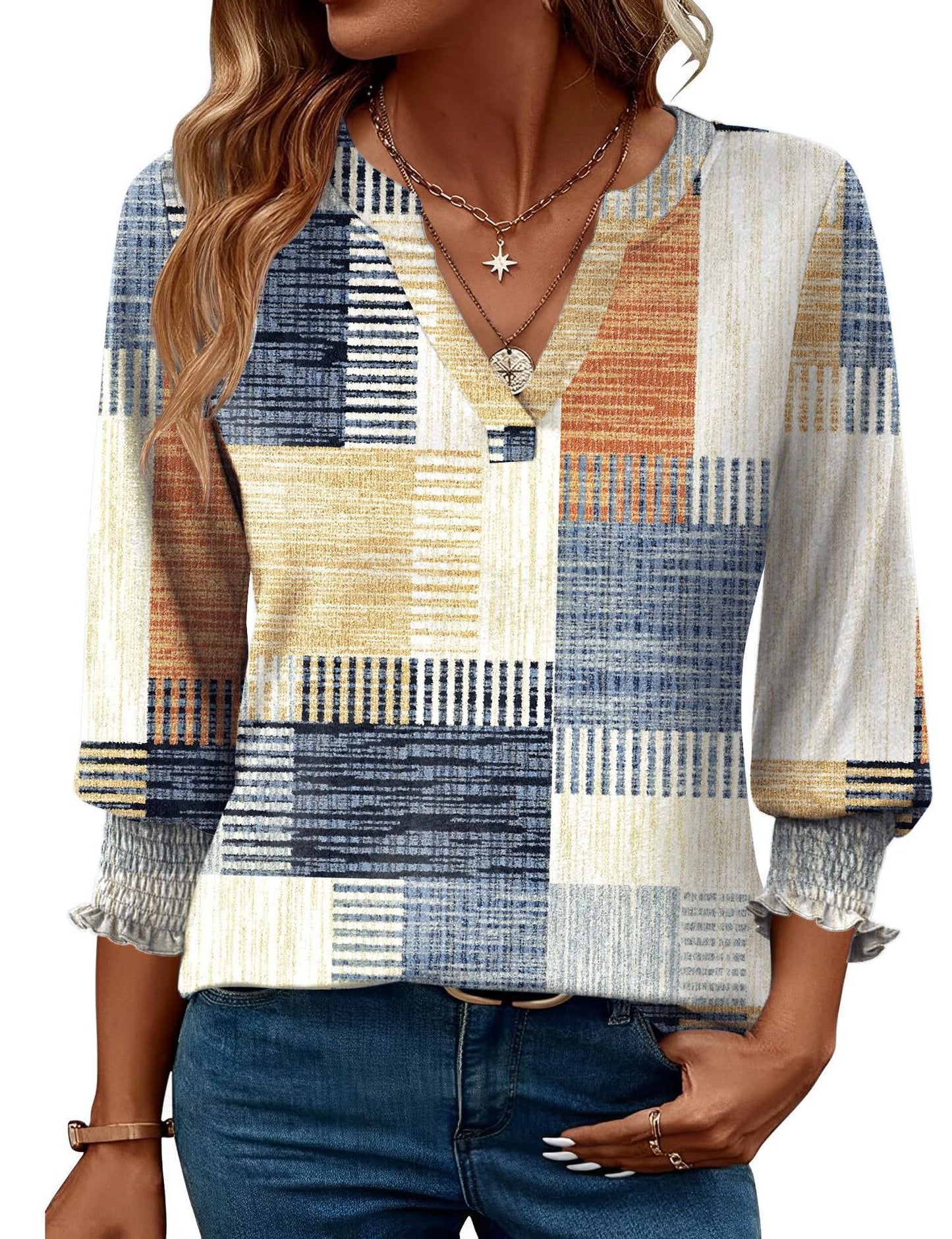 Fashion Tops Three-quarter Sleeve Flower Print Casual Shirt