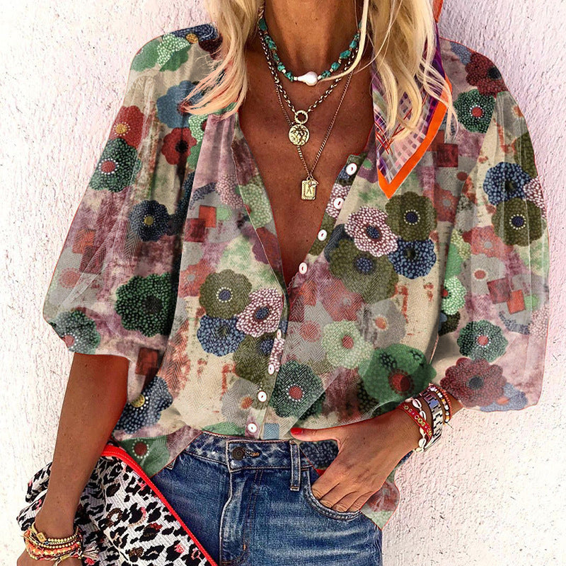 Women's V-neck Long Sleeve Stand Collar Printed Sweet Blouse