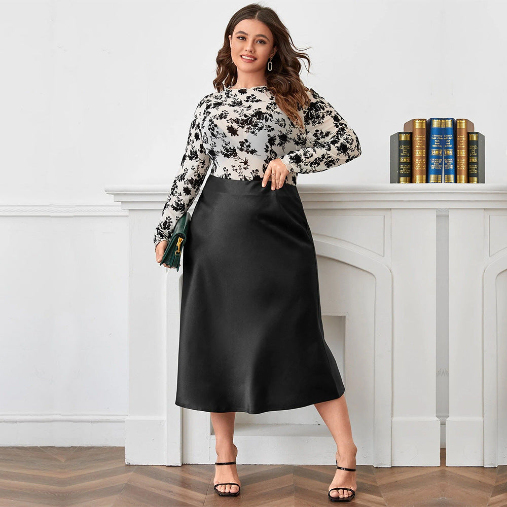 High Waist Zipper Large Hem Satin Satin Temperament Skirt