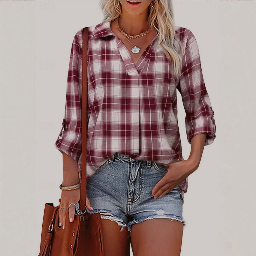 Women's Long Sleeve V-Neck Plaid Shirt - Loose Fit Polyester Blouse With Button-Down Collar For Casual & Office Wear