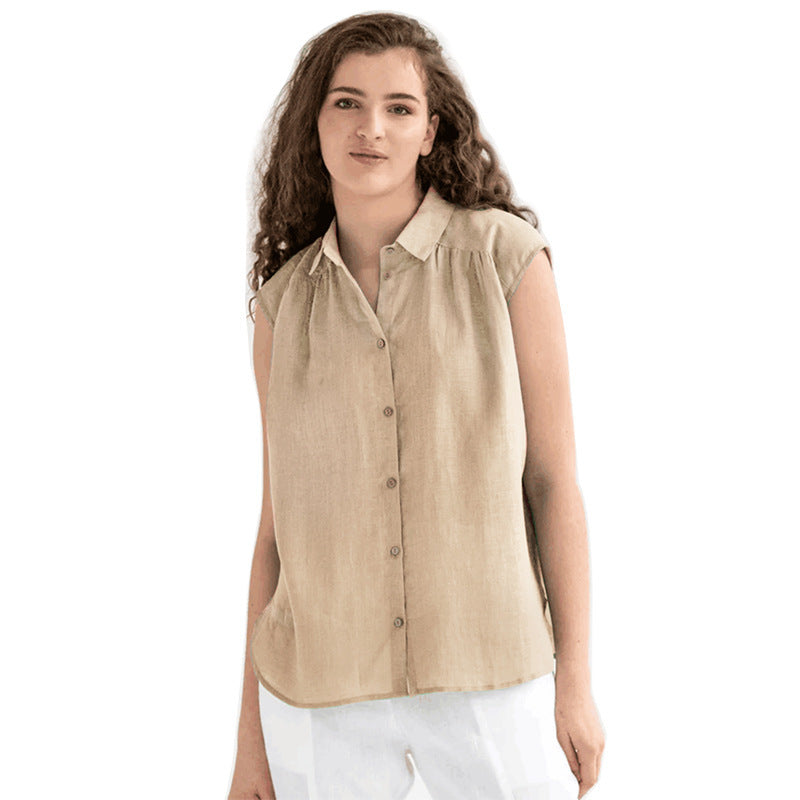 Cotton And Linen Simplicity Casual Sleeveless Solid Color Shirt