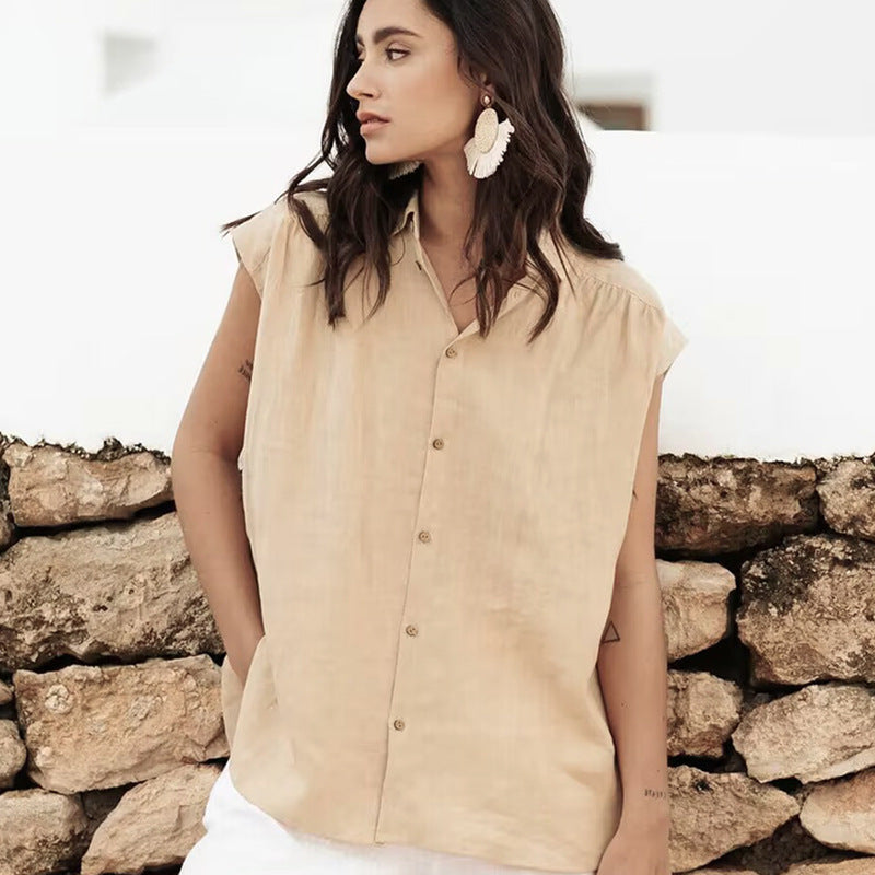 Cotton And Linen Simplicity Casual Sleeveless Solid Color Shirt