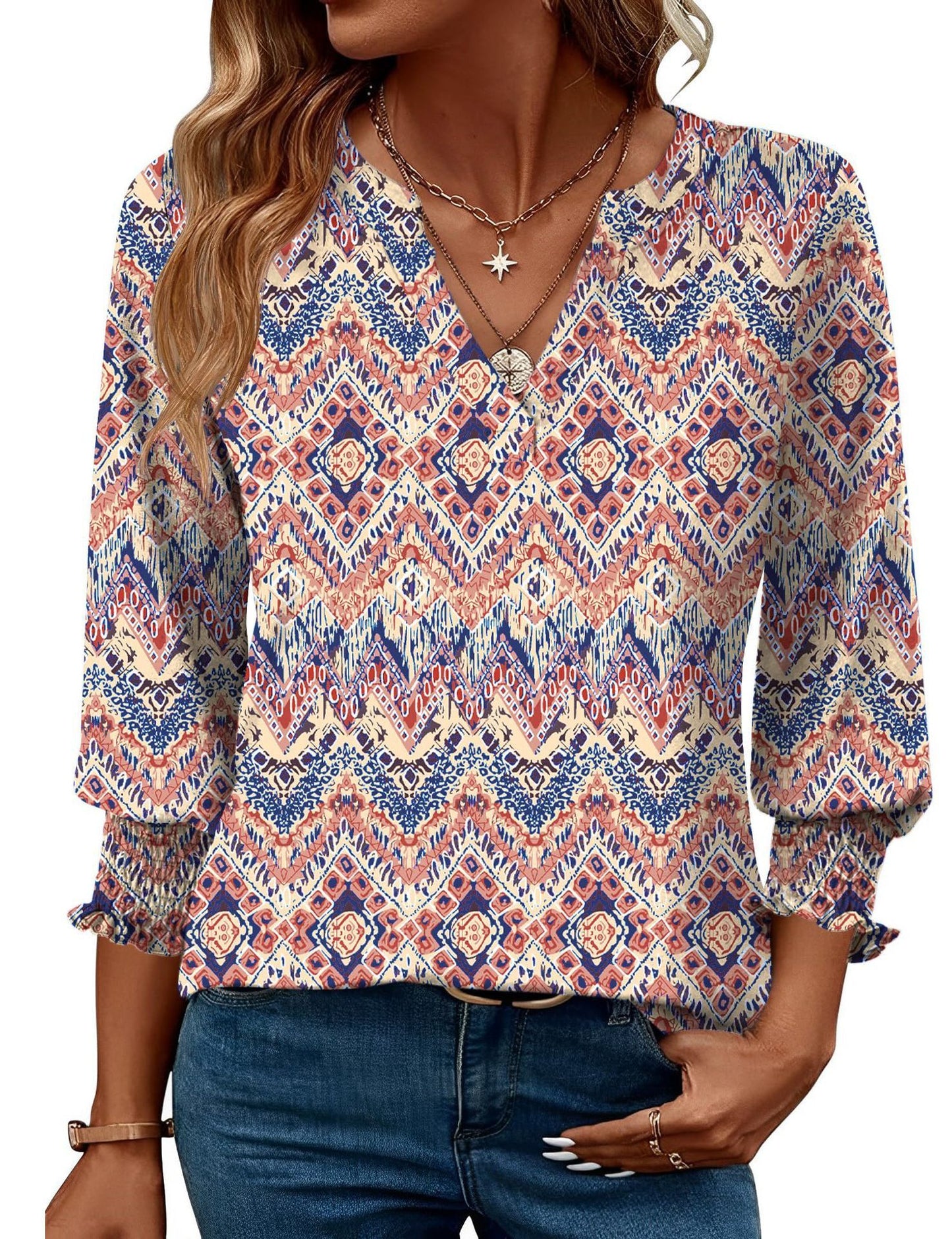 Fashion Tops Three-quarter Sleeve Flower Print Casual Shirt