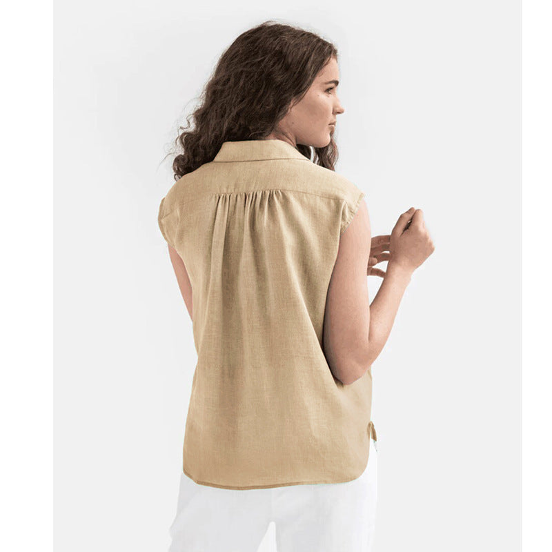 Cotton And Linen Simplicity Casual Sleeveless Solid Color Shirt
