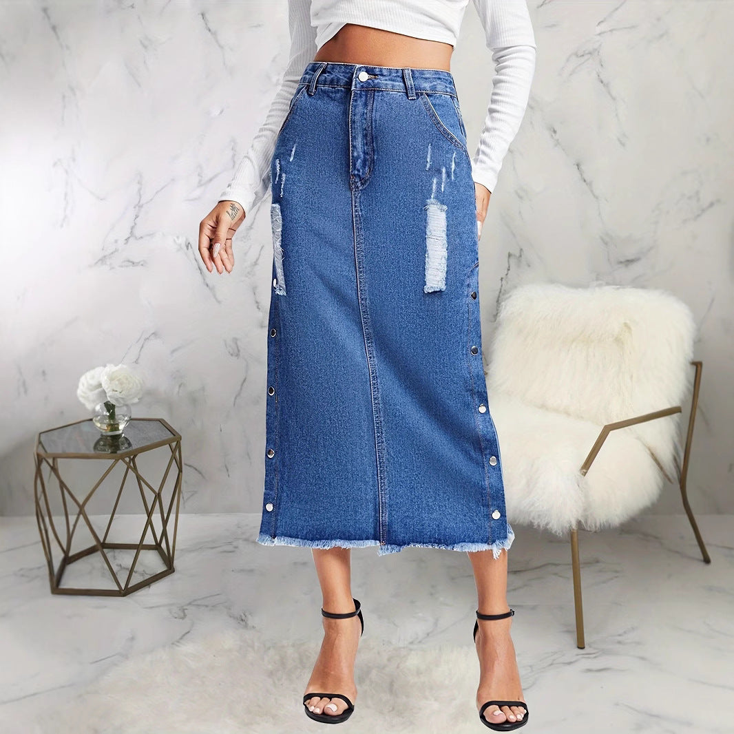 European And American Style Women Split Irregular Ripped Denim Skirt