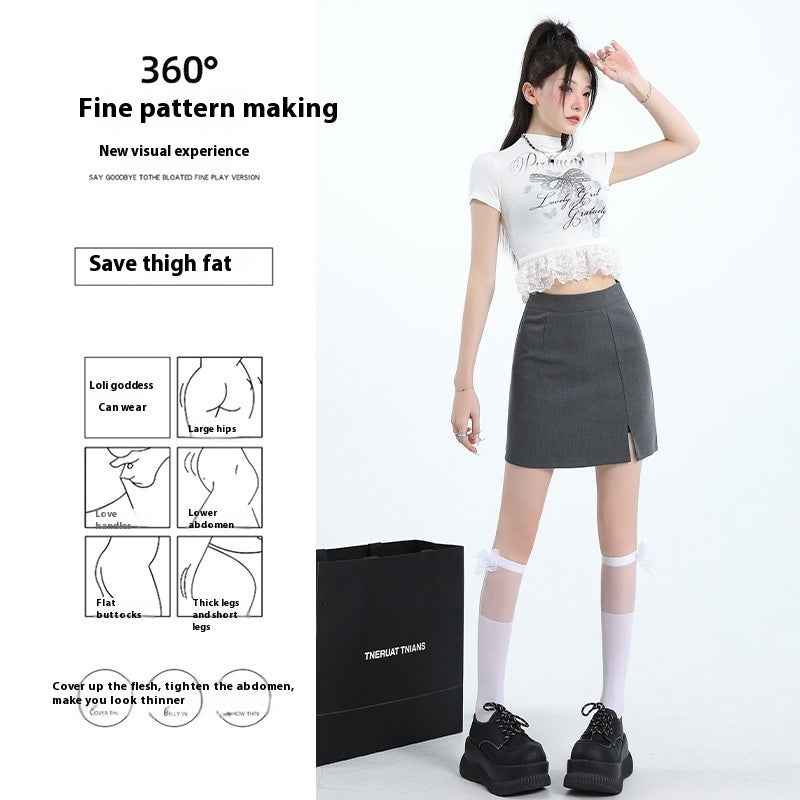 High Waist Anti-exposure-word Slit Sheath Skirt Gray Skirt
