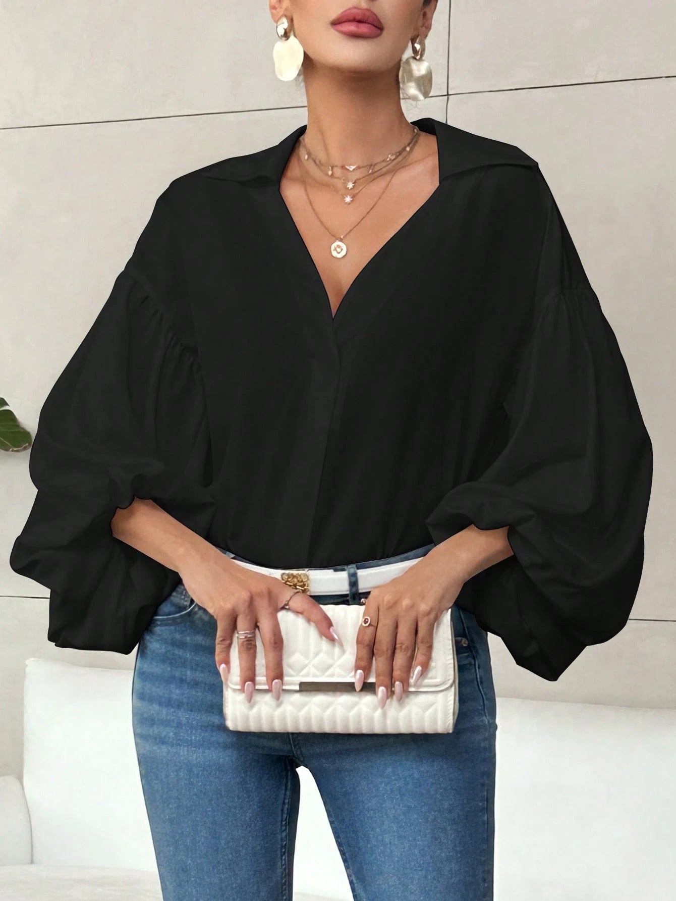 Niche Fashionable French Polka Dot Half-open Collar Design Loose Bubble Long Sleeve Top