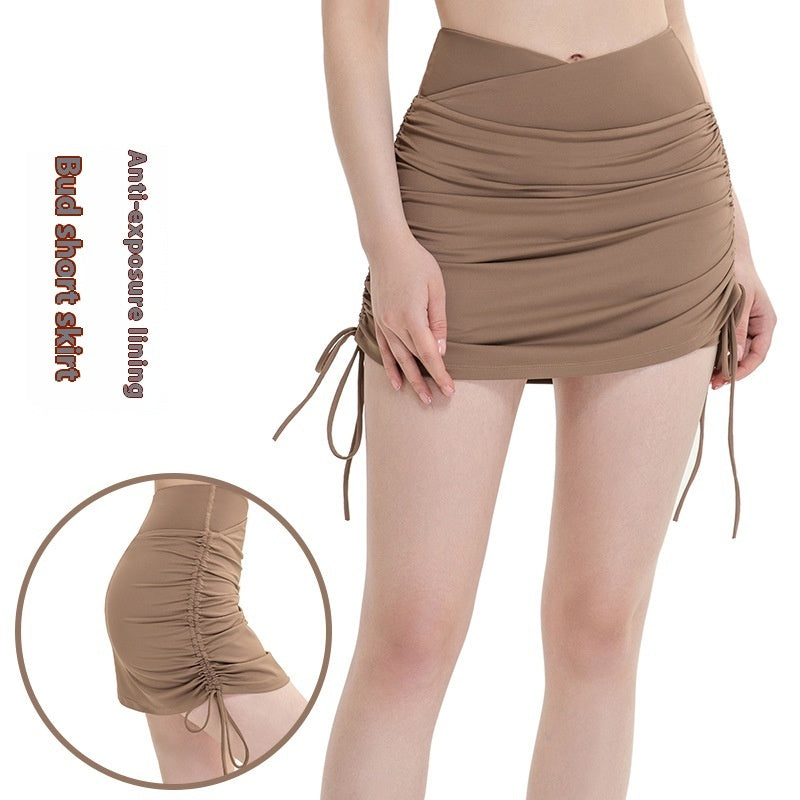 Drawstring High Top Sports Short Skirt Women's Running Anti-exposure Yoga Shorts