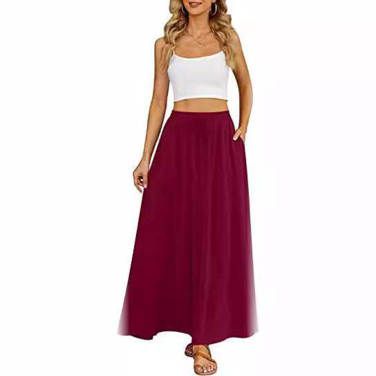 Large Swing Tight Waist Lace Printing Double Pocket Women's High Waist Skirt