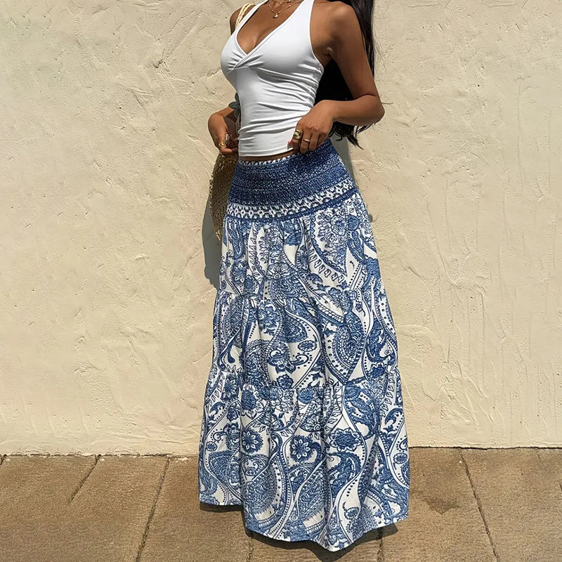 Women's Boho Floral Print Maxi Skirt - Elastic Waist A-Line Long Skirt For Spring&Summer Casual Beach Skirt