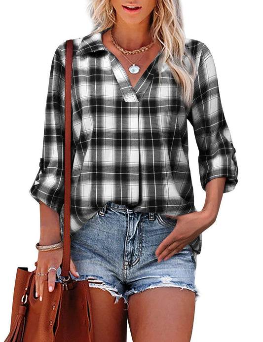 Women's Long Sleeve V-Neck Plaid Shirt - Loose Fit Polyester Blouse With Button-Down Collar For Casual & Office Wear