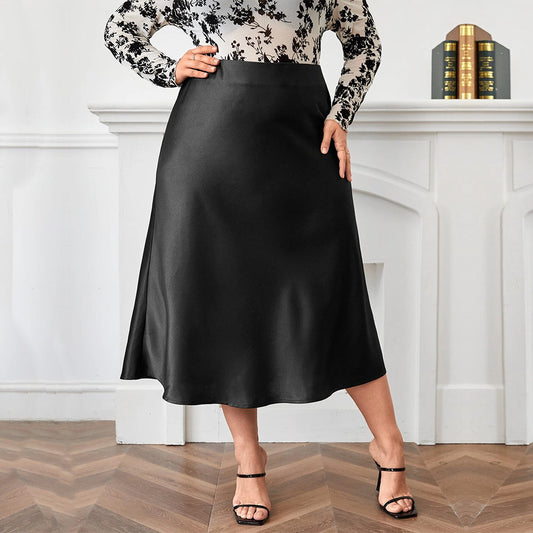 High Waist Zipper Large Hem Satin Satin Temperament Skirt